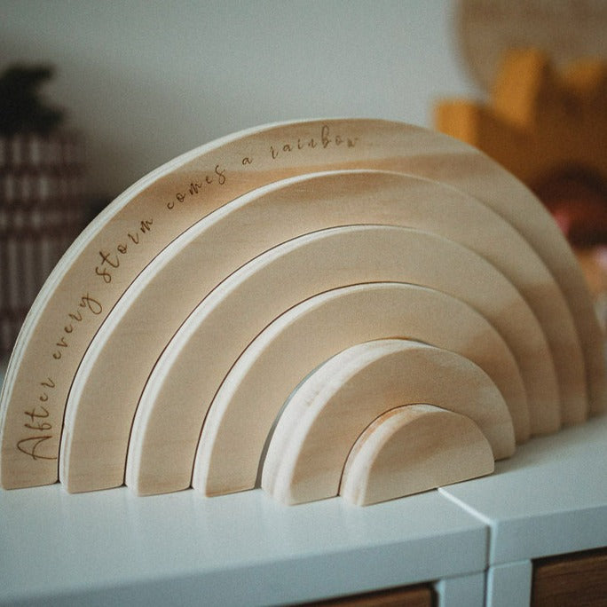 Quote rainbow lifestyle shot — personalised wooden engraved rainbow keepsake for nursery