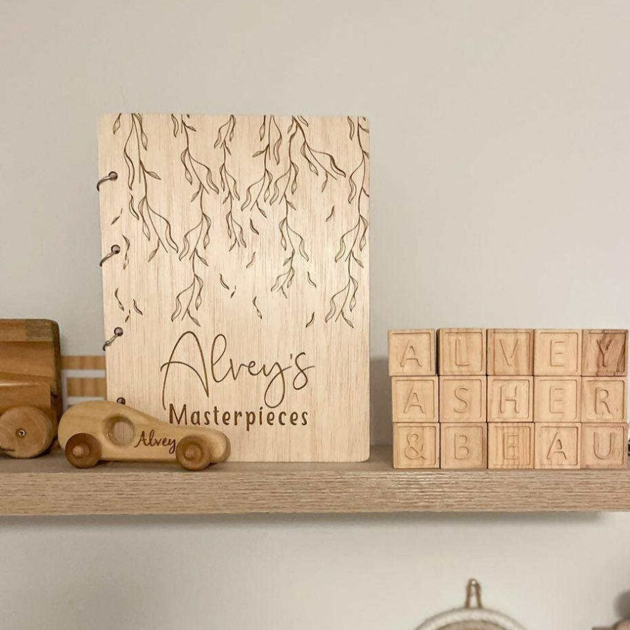 Personalised Weeping Willow art binder on shelf — children's keepsake folder Honeycomb Living