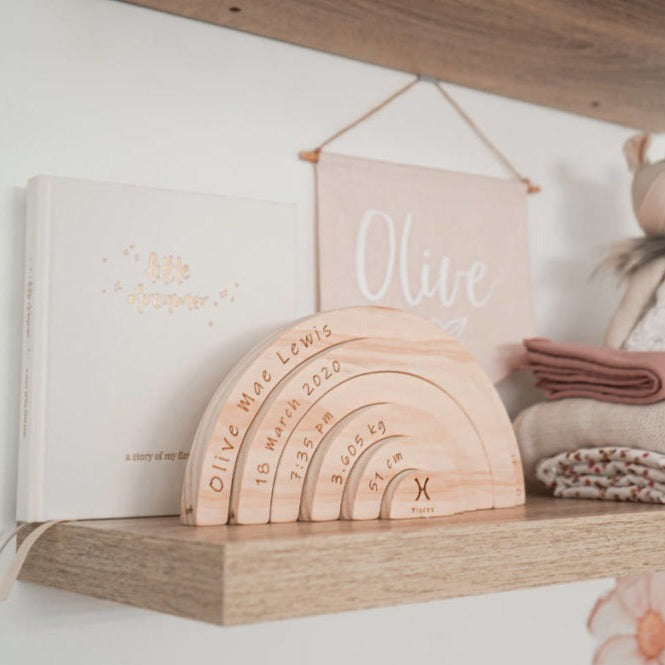 Personalised birth rainbow with engraved baby birth details