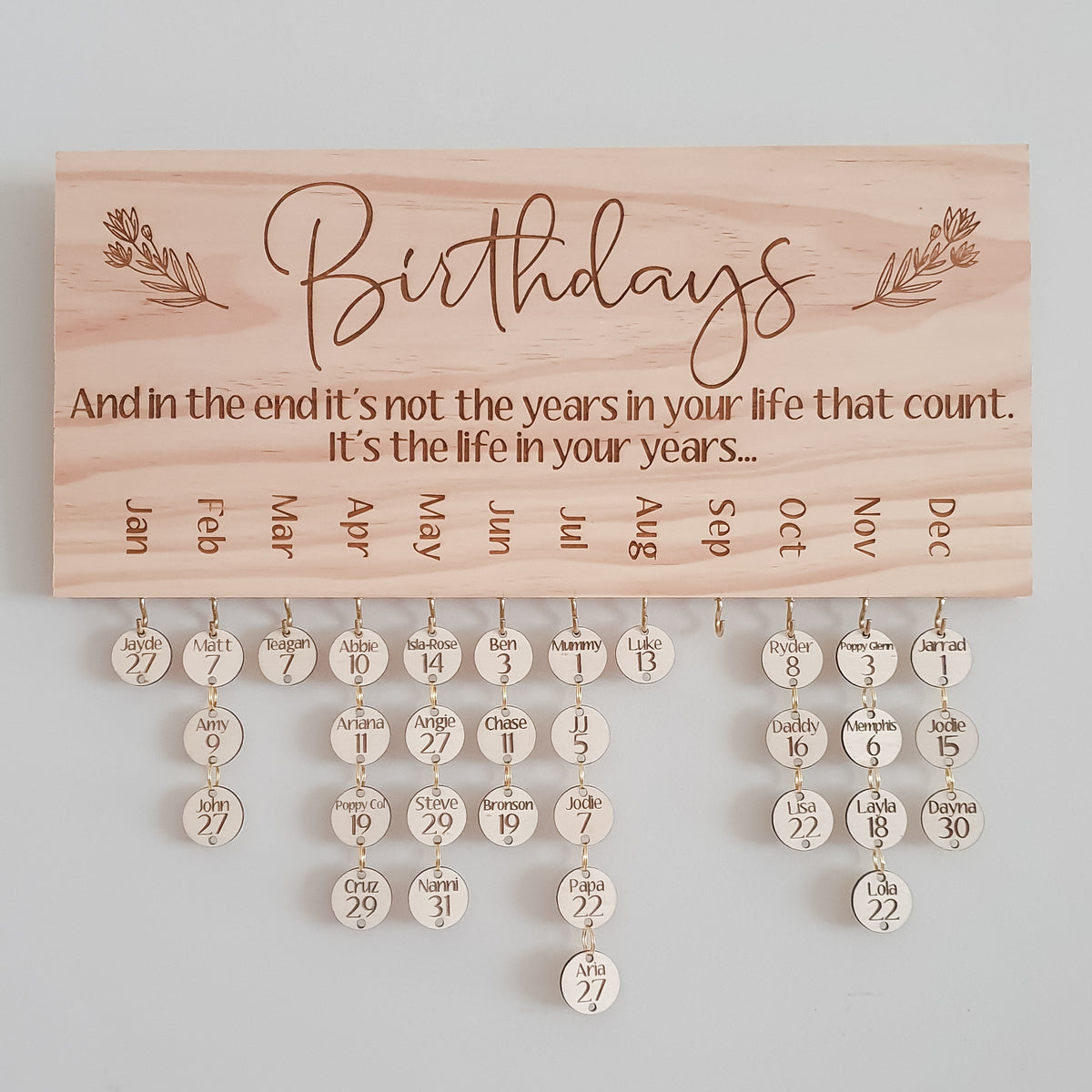 Personalised wooden birthday calendar — engraved name tags, Honeycomb Living Australia