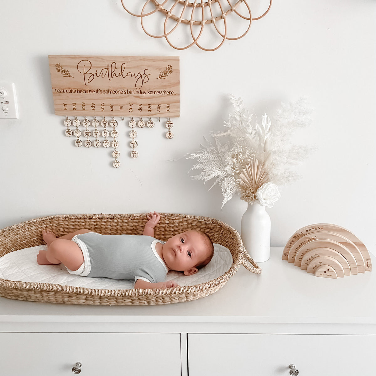 Wooden birthday calendar lifestyle shot — personalised hanging calendar, Honeycomb Living