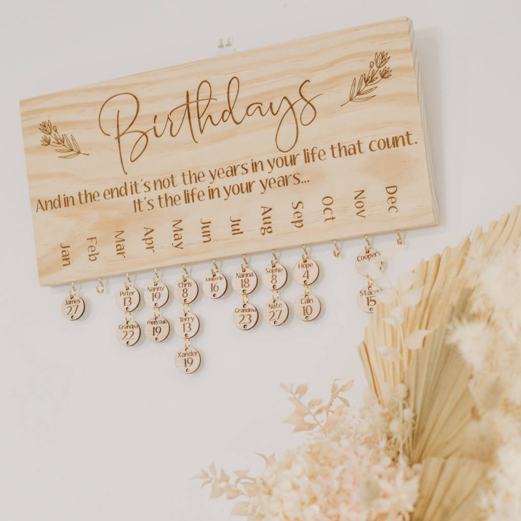 Wooden birthday calendar — personalised family birthday wall display