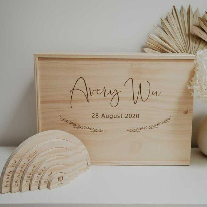 Personalised wooden keepsake box showing engraved name on top of lid — Honeycomb Living