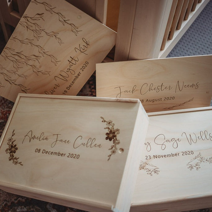 Personalised wooden keepsake box with multiple designs — Australian handmade baby gift