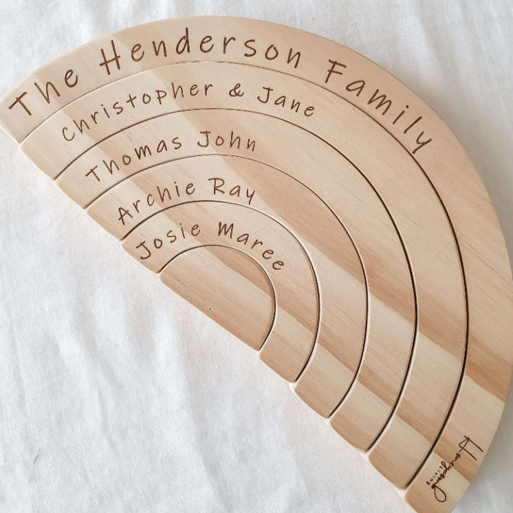 Family rainbow personalised with children's middle names — wooden keepsake with custom engraving