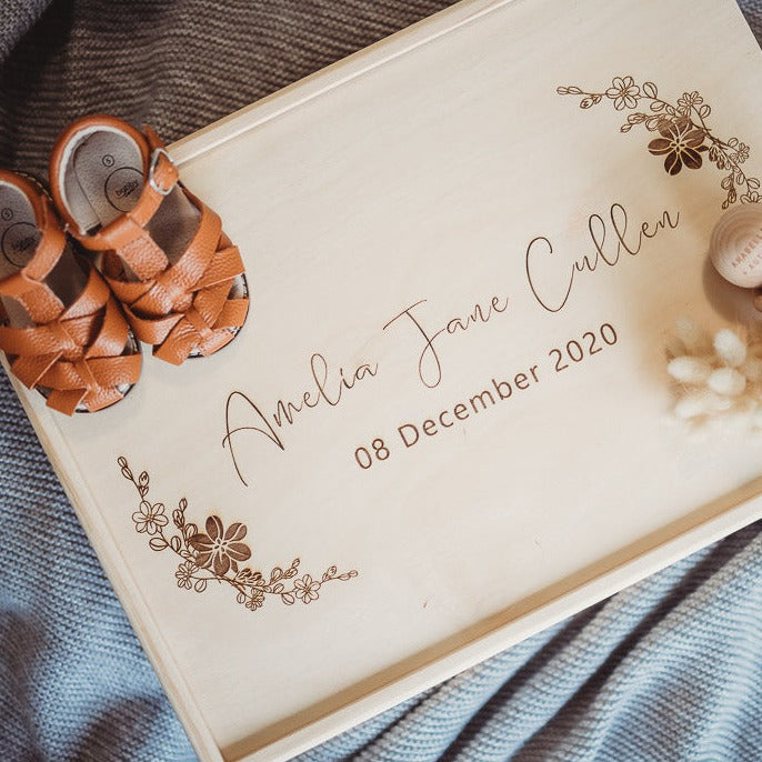 Personalised wooden baby keepsake box with engraved name — Honeycomb Living Australia