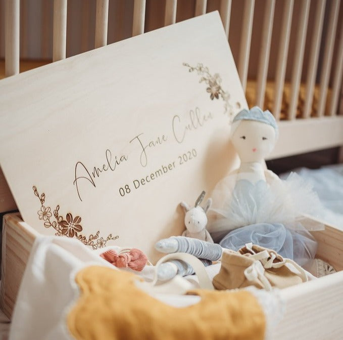 Personalised wooden keepsake box lid engraved with baby name and birthdate