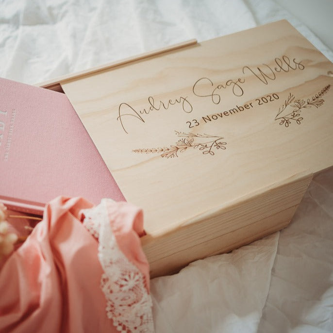 Open personalised wooden keepsake box showing engraved lid — Honeycomb Living