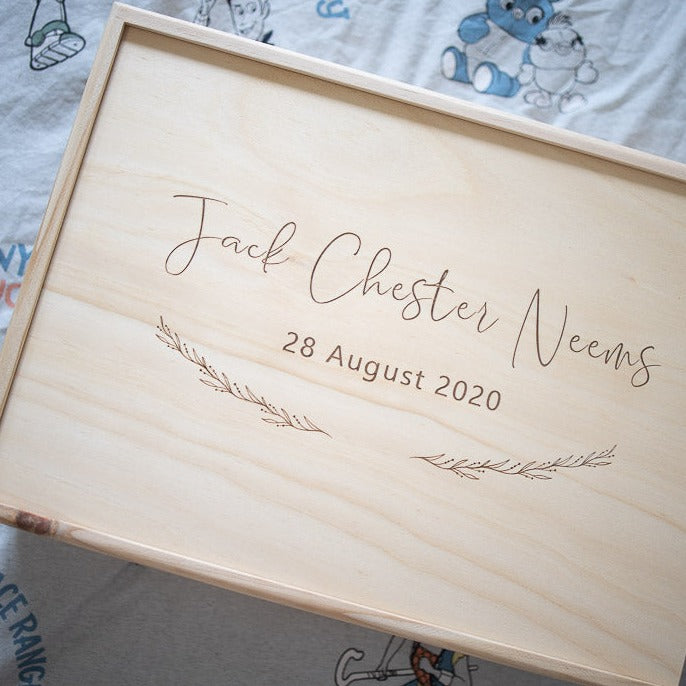 Personalised wooden keepsake box with gender neutral engraving design — Honeycomb Living