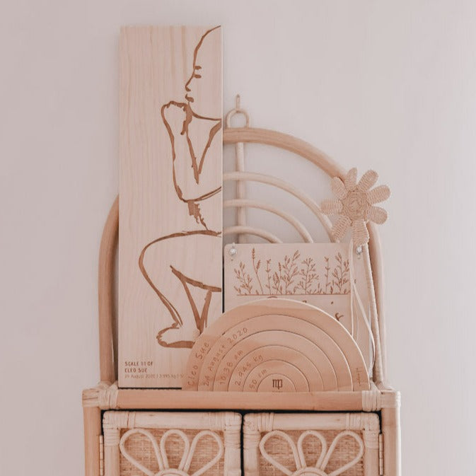 Frankie birth ruler displayed with birth rainbow — personalised wooden birth ruler Australia