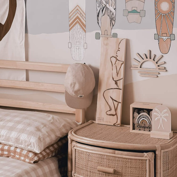 Frankie birth ruler displayed in boy's bedroom — personalised wooden baby keepsake Australia