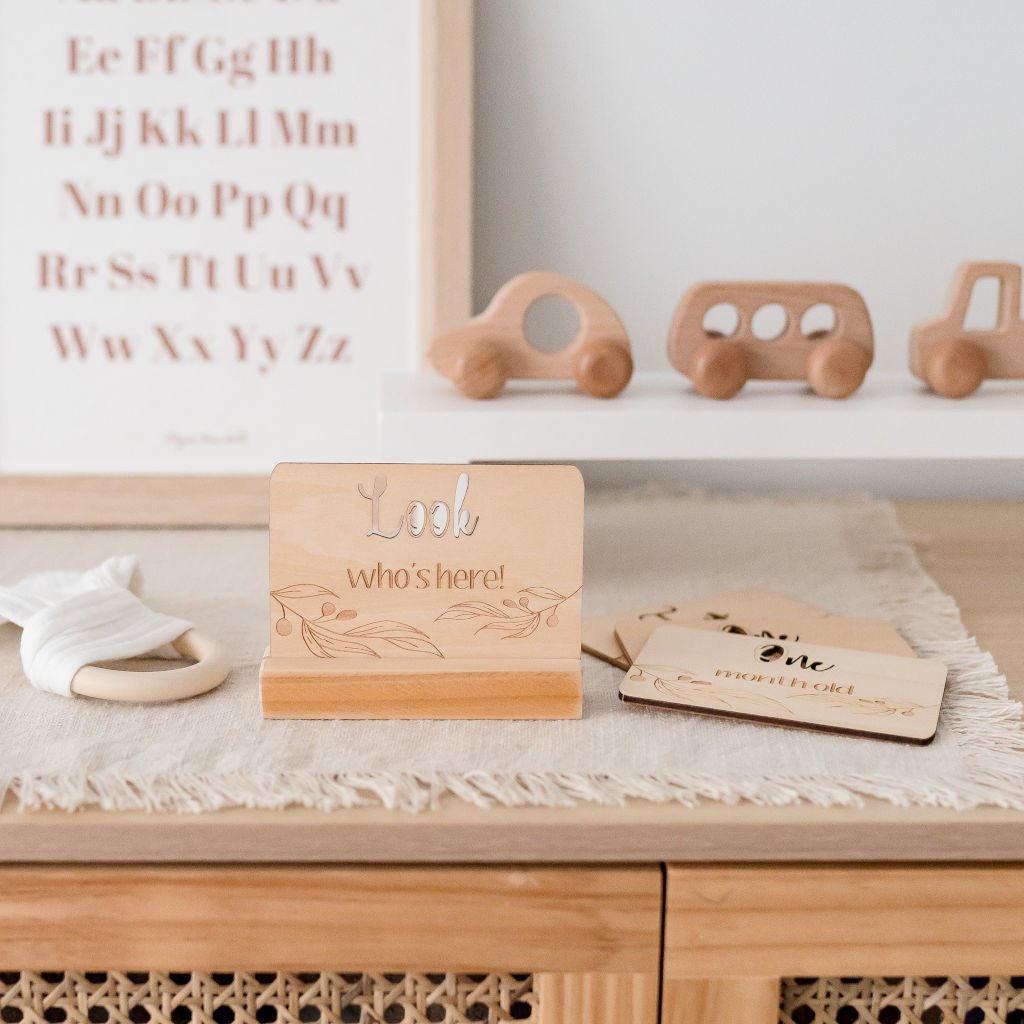 Wooden stand to hold up milestone cards. Honeycomb Living Keepsake