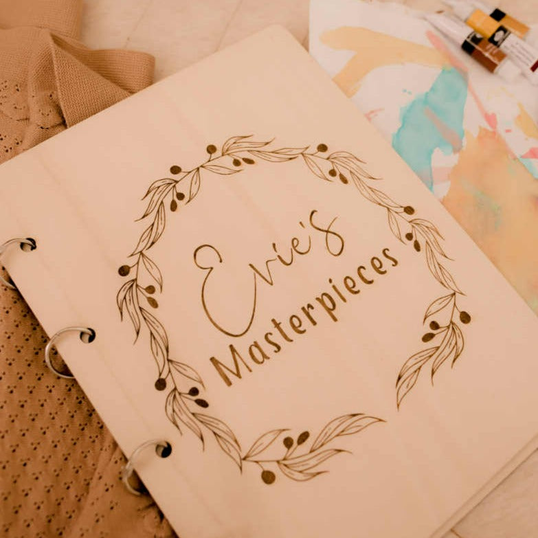 Evie's Olive Leaf personalised children's art binder — stores kids' artwork, handmade in Australia
