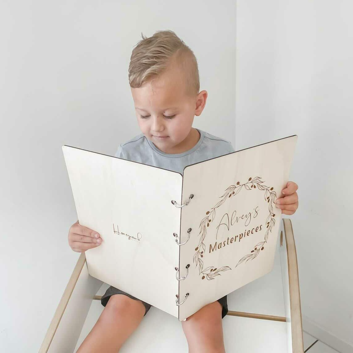 Personalised children's art binder with engraved wooden cover — Australian handmade keepsake