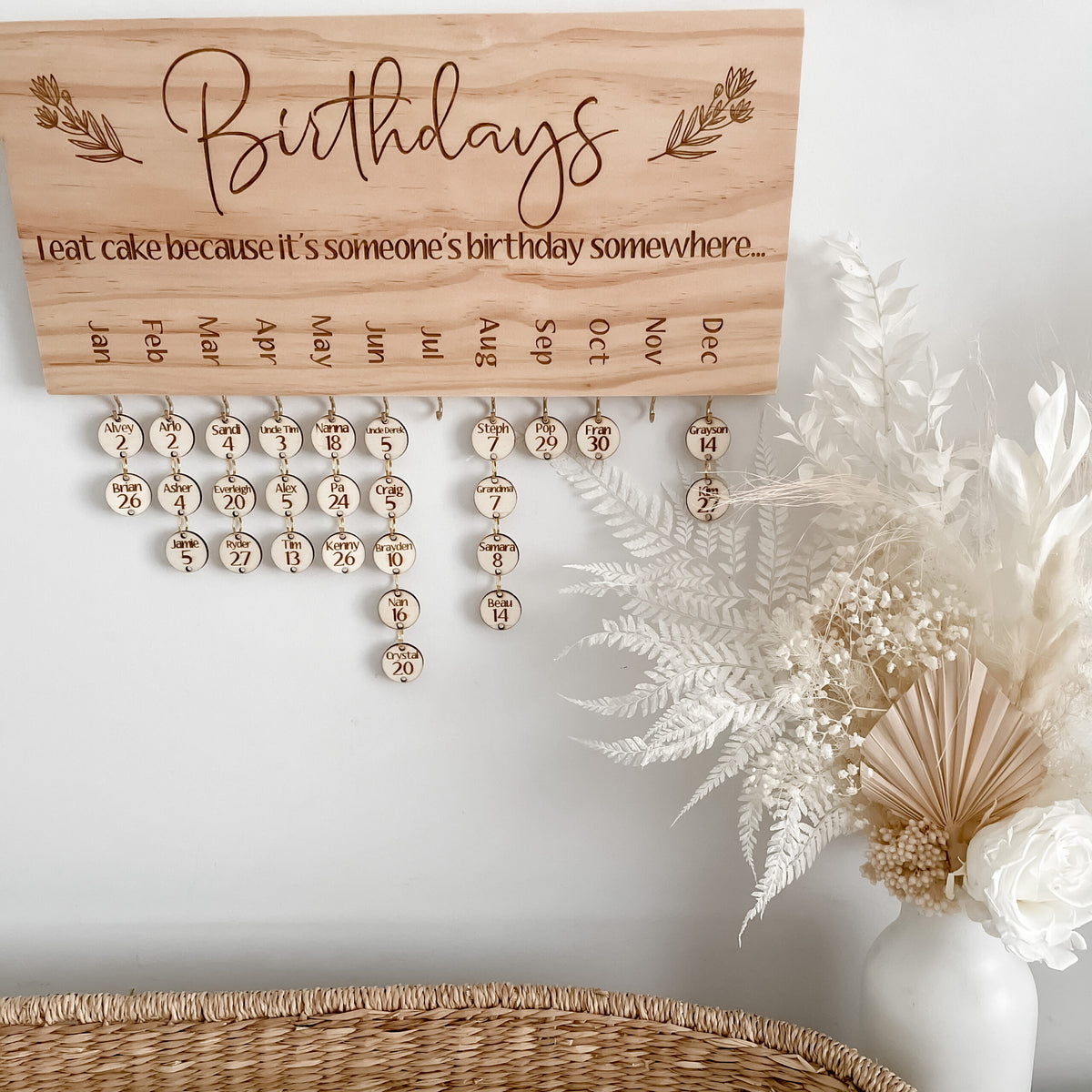 Personalised wooden birthday calendar — hanging wall calendar with removable name tags, Australia