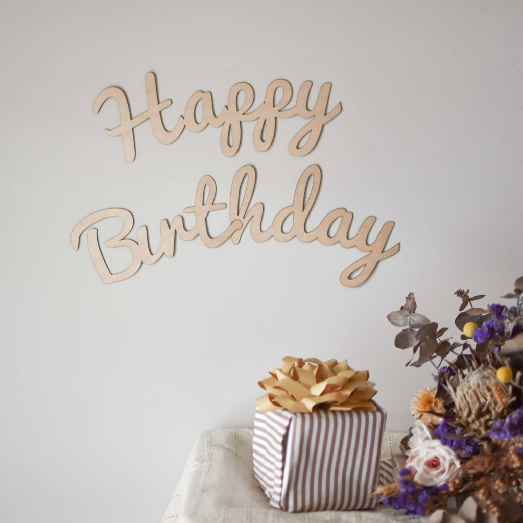 Plastic free happy birthday banner - timber wall script