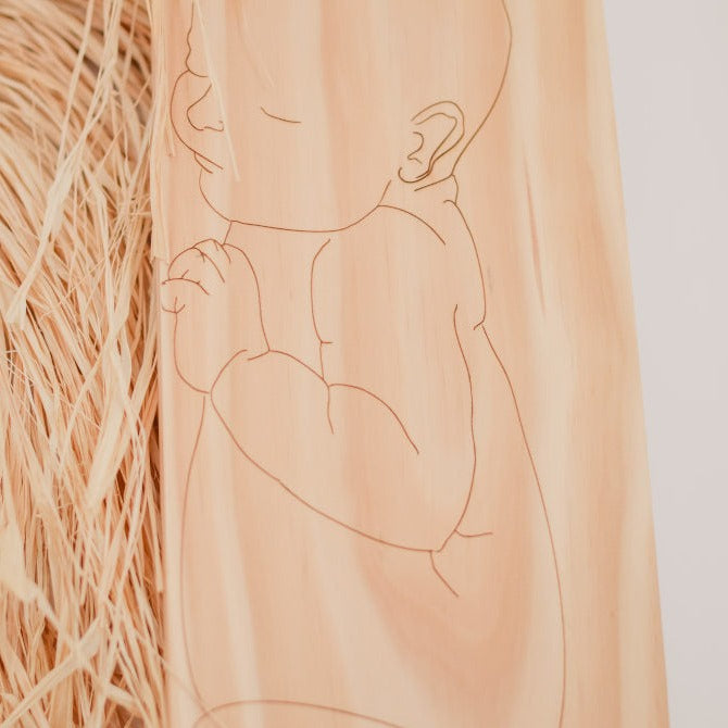 Personalised birth ruler design detail — engraved baby name and birth details