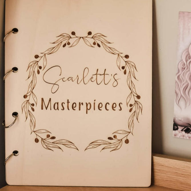 Scarlett's Masterpieces art binder in nursery — personalised children's art folder Australia