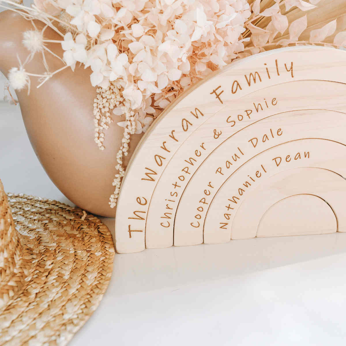 Family personalised wooden rainbow — engraved with family names, Honeycomb Living