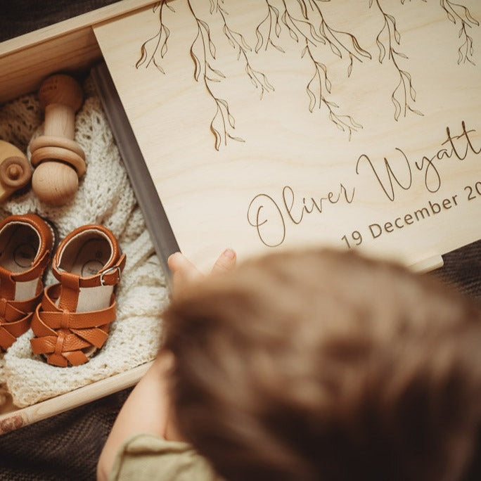 Personalised wooden baby keepsake box with engraved lid design — Australian handmade gift