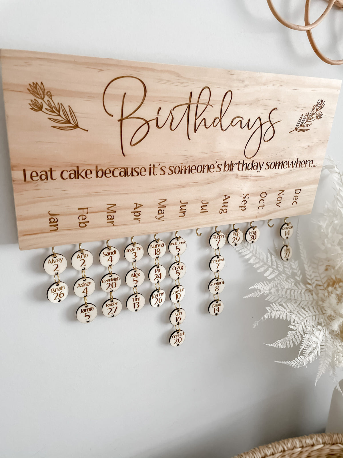 Wooden birthday calendar full view — personalised with family names, handmade in Australia