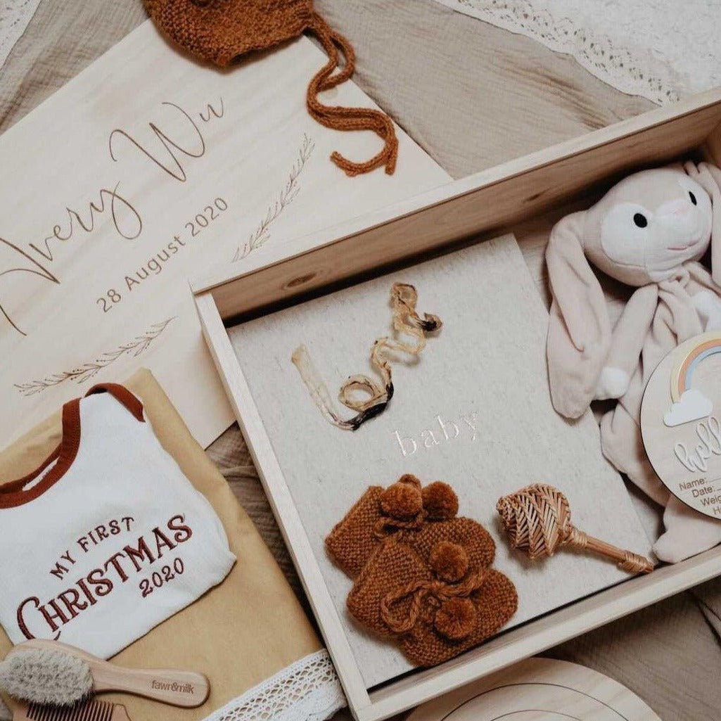 Interior of personalised wooden keepsake box — spacious storage for baby mementos